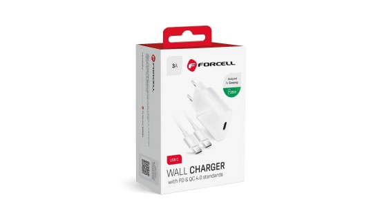 Travel Charger Forcell with USB Type C cable - 3A - 25W with PD and QC 4.0 function